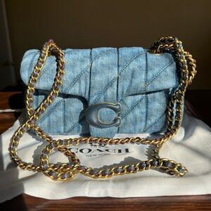 Coach Tabby 20 Denim Quilted Shoulder Bag Blue With Chain Strap